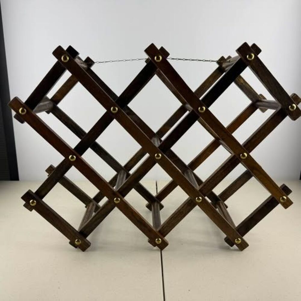 Vintage Wooden Accordion Folding Wine Rack w Brass Accents